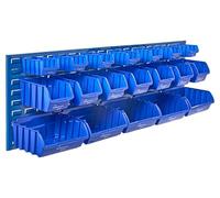 The Workplace Depot Louvre Panel & Bins Kit - Steel Wall-Mounted Storage Organiser 460(H) × 1490(W) mm with Plastic Bins - Ideal Workshop, Garage & Office (Blue, with x19 Mixed Bins)