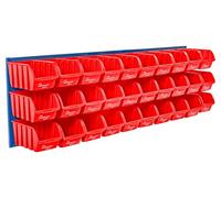 The Workplace Depot Louvre Panel & Bins Kit - Steel Wall-Mounted Storage Organiser 460(H) × 1490(W) mm with Plastic Bins - Ideal Workshop, Garage & Office (Red, with x30 Medium Bins)