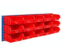 The Workplace Depot Louvre Panel & Bins Kit - Steel Wall-Mounted Storage Organiser 460(H) × 1490(W) mm with Plastic Bins - Ideal Workshop, Garage & Office (Red, with x15 Large Bins)