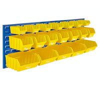 The Workplace Depot Louvre Panel & Bins Kit - Steel Wall-Mounted Storage Organiser 460(H) × 1490(W) mm with Plastic Bins - Ideal Workshop, Garage & Office (Yellow, with x19 Mixed Bins)
