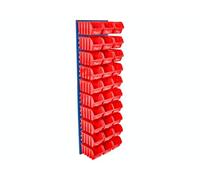 The Workplace Depot Louvre Panel with Bins - Steel Wall Storage Panel 1490(H) × 460(W) with Blue, Red or Yellow Bins for Workshops, Garages & Offices (Red, with x30 Medium Bins)