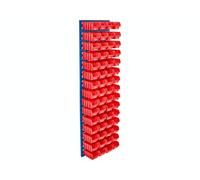 The Workplace Depot Louvre Panel with Bins - Steel Wall Storage Panel 1490(H) × 460(W) with Blue, Red or Yellow Bins for Workshops, Garages & Offices (Red, with x60 Small Bins)