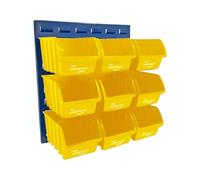 The Workplace Depot Louvre Storage Bin Kit - 500(H) × 460(W) mm Steel Panel with Colour-Coded Polypropylene Bins for Workshop, Garage & Warehouse Tool Organisation (Yellow, with x9 Medium Bins)