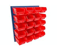 The Workplace Depot Louvre Storage Bin Kit - 500(H) × 460(W) mm Steel Panel with Colour-Coded Polypropylene Bins for Workshop, Garage & Warehouse Tool Organisation (Red, with x20 Small Bins)
