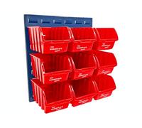 The Workplace Depot Louvre Storage Bin Kit - 500(H) × 460(W) mm Steel Panel with Colour-Coded Polypropylene Bins for Workshop, Garage & Warehouse Tool Organisation (Red, with x9 Medium Bins)