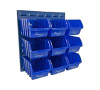 The Workplace Depot Louvre Storage Bin Kit - 500(H) × 460(W) mm Steel Panel with Colour-Coded Polypropylene Bins for Workshop, Garage & Warehouse Tool Organisation (Blue, with x9 Medium Bins)