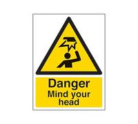 The Workplace Depot Mind Your Head Warning Safety Sign, 300 x 200 mm Portrait, 1 mm Rigid PVC or Self-Adhesive Vinyl, Low-Clearance Hazard for Construction & Warehouses (PVC (Rigid))