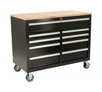 The Workplace Depot Rolling Work Table - Mobile Workbench with 9 Drawers, Solid Wood Top, Black Powder-Coated Steel, Central Lock & 120mm Wheels - Ideal for Garages, Workshops & Trade