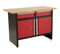 The Workplace Depot Storage Workbench - Wooden Worktop, Red & Black Steel Frame - Lockable Cabinets & Drawers with Adjustable Feet - Ideal for Garages, Workshops & Studios