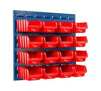 The Workplace Depot Wall-Mounted Louvre Panel Kit - Powder-Coated Steel Storage Panel 460(H) × 505(W) mm with Polypropylene Bins for Garage, Workshop & Warehouse (Red, with x16 Small Bins)