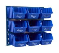 The Workplace Depot Wall-Mounted Louvre Panel Kit - Powder-Coated Steel Storage Panel 460(H) × 505(W) mm with Polypropylene Bins for Garage, Workshop & Warehouse (Blue, with x9 Medium Bins)