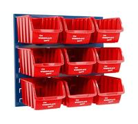 The Workplace Depot Wall-Mounted Louvre Panel Kit - Powder-Coated Steel Storage Panel 460(H) × 505(W) mm with Polypropylene Bins for Garage, Workshop & Warehouse (Red, with x9 Medium Bins)