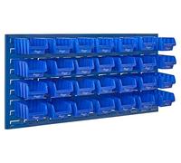 The Workplace Depot Wall Mounted Louvre Panel Kit - Steel Storage Panel 460(H) × 995(W) with Polypropylene Bins - Ideal for Workshop, Garage & Warehouse Organisation (Blue, with x28 Small Bins)
