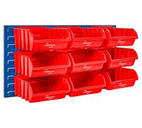The Workplace Depot Wall Mounted Louvre Panel Kit - Steel Storage Panel 460(H) × 995(W) with Polypropylene Bins - Ideal for Workshop, Garage & Warehouse Organisation (Red, with x9 Large Bins)