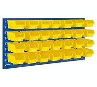 The Workplace Depot Wall Mounted Louvre Panel Kit - Steel Storage Panel 460(H) × 995(W) with Polypropylene Bins - Ideal for Workshop, Garage & Warehouse Organisation (Yellow, with x28 Small Bins)