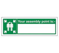 The Workplace Depot Your Fire Assembly Point Is Fire Exit Sign - Self-Adhesive Vinyl or 1mm PVC, 450 x 150 mm Green & White Safety Sign for Offices, Warehouses & Public Venues (PVC (Rigid))