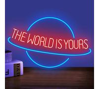 The World is Yours Neon Sign Planet LED Neon Light for Wall Decor Dimmable Blue Light Up Signs for Man Cave Beer Bar Cafe Wedding Game Room Bedroom Birthday Party Decor Gift