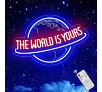 The World is Yours Neon Sign, Remote Dimmer Planet LED Neon Light Lamp for Wall Decor, USB Power for Man Cave Home Bar Bistro Club Cafe Wedding Game Room Bedroom Birthday Gift Graduation Party