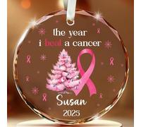 The Year I Beat Cancer Pink Ribbon Glass Ornament - Personalized Breast Cancer Awareness Christmas Ornament for Women, Survivors & Fighters - Inspirational Gift of Strength, Hope & Courage