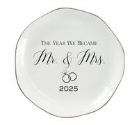 The Year We Became Mr & Mrs 2025 Ring Dish - Elegant Ceramic Ring Holder for Engagement, Wedding, and Bridal Shower Gifts - Honeymoon Keepsake for Friends, Newlyweds, and Bride-to-Be
