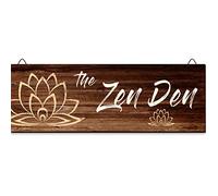 The Zen Den Wooden Wall Sign, 13.7 x 4.7 Inches Hippie Room Decoration with Hooks, Hanging Meditation Accessories Decor for Chakra, Spiritual Room Accents