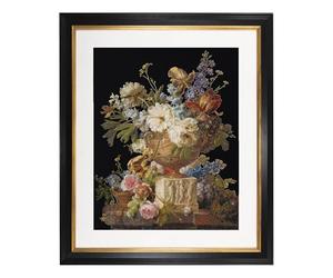 Thea Gouverneur - Counted Cross Stitch Kit - Flower Still-Life with an Alabaster Vase - Aida Black - 18 Count - for Adults - DMC Embroidery Threads and Other Cross Stitch Supplies Included - 580.05