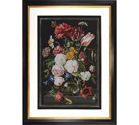 Thea Gouverneur - Counted Cross Stitch Kit - Still Life with Flowers in a glass Vase - 2 - Aida Black - 14 count - for Adults - DMC Embroidery Threads and other Cross Stitch Supplies Included - 785.07