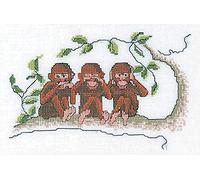 Thea Gouverneur - Counted Cross Stitch Kit - Three Wise Monkeys - Aida - 16 Count - Embroidery Kit for Adults - DMC Embroidery Threads and Other Cross Stitch Supplies Included - 1031A