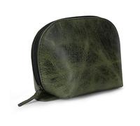 TheAntiq Green Leather Cosmetic Bag - Leather Makeup Pouch, Toiletry Bag for Men & Women, Small Make up Bag, Coin Pouch, Portable Makeup Case for Purse & Travel, Slim, Durable & Water-Proof Resistant