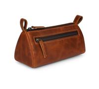 TheAntiq Tan Leather Makeup Bag (8" x 3.5" x 3") - Small Cosmetic Case for Purse, Multipurpose Zippered Make up Case for Travel or Gift, Compact Leather Makeup Case Organizer for Everyday Use