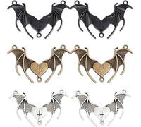 Theaque 1 BOX 30PCS Black Bat Connector Charms Heart Charms Halloween Gothic Vampire Wing Double Loops Silver Bronze Black Link Charm Bulk for Jewelry Making Charms Earrings Necklace Diy Crafts