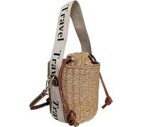 Theaque Flower Pearls Rattan Tote Bag Summer Beach Drawstring Straw Bucket Bag Diamonds Woven Handbag (G Brown)