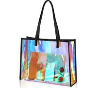 Theaque Holographic Clear Tote Bag with Leather Handle Iridescent Bachelorette Beach Bag for Work Stadium Travel (Black)