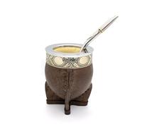 THEARG Set Imperial Mate Cup and Stainless Straw whit Parrot Beak, Easy Cleaning and Reusable, Handmade from Leather, Precise Terminations and Seamless Stitches, 4 Leg Base - Brown