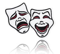 Theater Tragedy Comedy Masks Patch, 3.30"x2.59" Iron On/Sew On Classic Meme Embroidered Applique Patch for Denim Jacket, Canvas Bag, Notebook, Backpack, Holes, DIY Retro Drama Emblem for Edgy Fashion