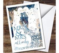 Theatrical Wedding Day Name & Date Gatsby Blue Golden Mr & Mrs Personalised Card - Personalised Wedding Day Card, Congratulations On Wedding Day Card For Bride & Groom