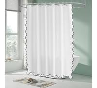 TheBlackSpot Small Stall White Boho Shower Curtain with Scalloped Border Chic Theme Narrow Fabric Bathroom Decor with Hooks Waterproof Washable (Black, 78" H x72 W)