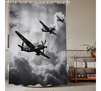 TheBlackSpot World War 2 WW2 in Color Warplane Theme Cloth Fabric Boys Shower Curtain Sets Bathroom Decor with Hooks Waterproof Washable 72 x 72 inches Gray