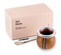 thebmate [Tiny Mate Premium Set Yerba Mate Cup - Crafted Ceramic Teacup - Brown Leather Wrapped Handmade in Uruguay - Set Mate Tiny with German Silver Bombilla Straw and Cleaning Brush (Camel Brown)