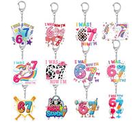 TheClover 67 Meme Keychain 12 Pack Set - “I Was 6 Now I’m 7” Acrylic Keychains, Perfect as 67 Party Favors & 6 7 Party Favors, Bulk 67 Keychain Set for Birthday Goody Bags