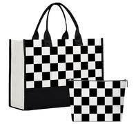 TheClover Checkerboard Tote Bag with Makeup Pouch - Black and White Canvas Tote Set, Large Reusable Shopping Bag for Office Work Travel Everyday Use