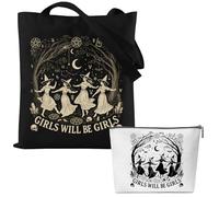 TheClover Witchy Tote Bag with Makeup Pouch Set - Gothic Aesthetic Canvas Shoulder Bag, Moon Star Mystic Design for Daily Use, Reusable Travel Tote Gifts & Witchcore Lovers