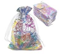 TheDisplayGuys 100-Pack 6" x 8" Coral-Lines Sheer Organza Gift Bags w. Drawstring - White - for Jewelry, Candy, Treats, Wedding Favors Mesh Pouches