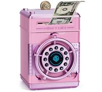Thedttoy Money Box,ATM Piggy Bank with Simulated Fingerprint,Digital PIN Money Saving Box with Auto-Spin Unlock Money Safe for Kids,Girls Birthday Presents for Age 3,4,5-Pink