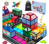 Theefun 70PCS Magnetic Tiles Road Set, Double Side City with Crane & 2 Cars Include 56 Magnetic Blocks & 13 Magnet Toppers STEM Learning Educational Construction Toys Gifts for Kids 3+ Years Old