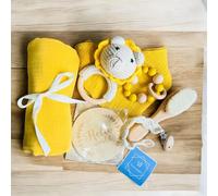 Thefirstgiggles Handmade Newborn Baby Gift Set, Sign to Welcome Baby, Goat Hair Comb, Crochet Rattle Toy, Teething Toy, Pacifier Clip Holder, Muslin Swaddle & Bib, Pink, Grey & Yellow (Lion, Yellow)