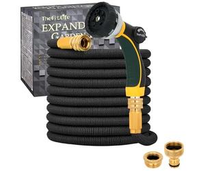 TheFitLife Expandable Garden Hose Pipe - Triple Core Latex and Solid Metal Fittings 8 Pattern Spray Nozzle EU Standard Expanding Kink Free Easy Storage Flexible Water Hose (75 FT, Black)