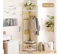 THEGA 4-Tier Freestanding Hall Tree With Shoe Bench, Corner Coat Rack Stand, Storage Shelves & 6 Hooks, Metal Frame Garment Rack Clothes Hanger Organiser For Hallway Bedroom(White+Gold)