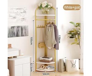 THEGA 4-Tier Freestanding Hall Tree With Shoe Bench, Corner Coat Rack Stand, Storage Shelves & 6 Hooks, Metal Frame Garment Rack Clothes Hanger Organiser For Hallway Bedroom(White+Gold)