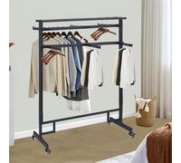 THEGA Metal Clothes Hanger Rack With Adjustable Double Rod, Heavy Duty Garment Rack With Wheels, 6 Arms Display Stand, For Boutique Shops Large Retail Stores Storage(150 * 50 * 155CM)